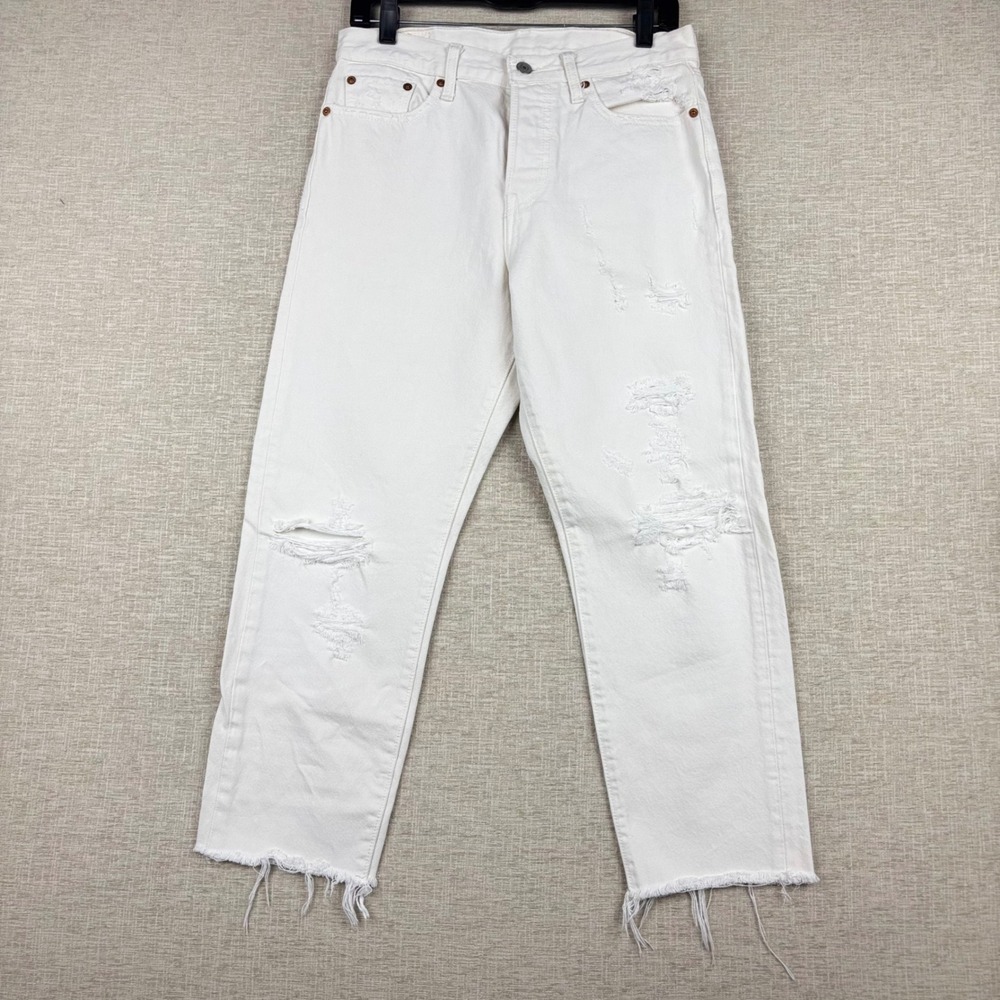 Women's Levis 501 Original Fit Distressed White Jeans‎ 29 Raw Hem Distressed - Picture 1 of 9